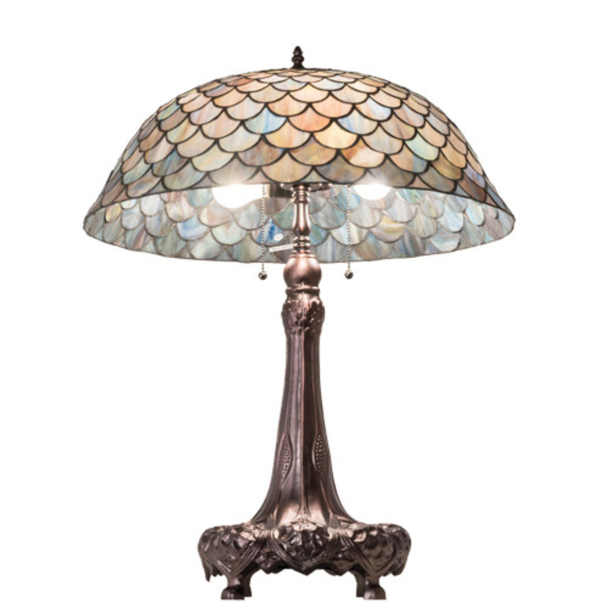 31-inch high Tiffany Fishscale table lamp with light shining through stained glass.