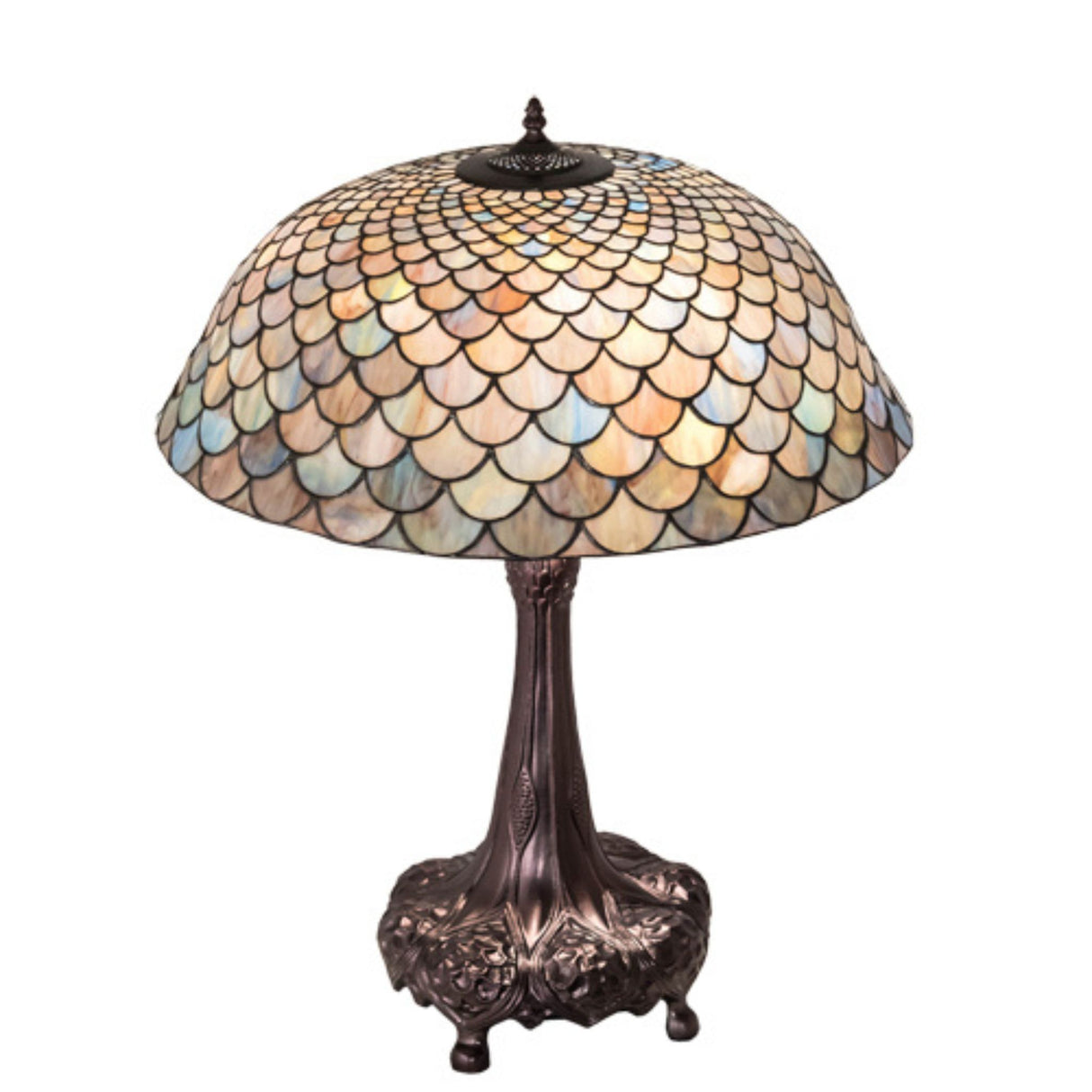 Side view of 31-inch high Tiffany Fishscale table lamp with intricate glasswork.