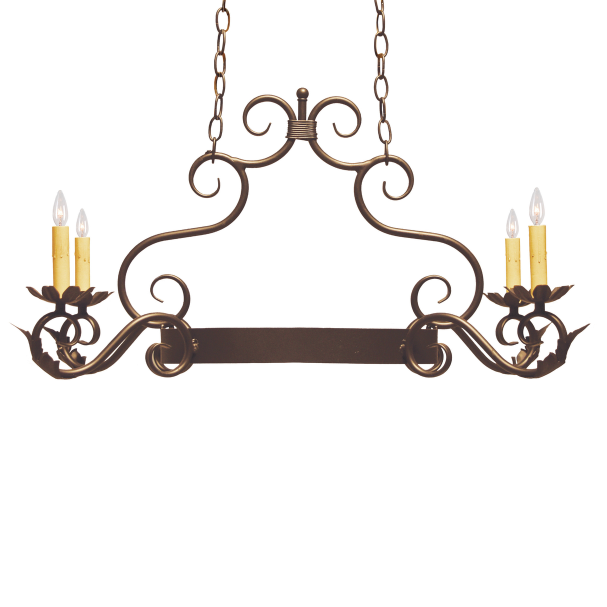 Elana 2-light pot rack chandelier with rustic scroll design and candlelights.