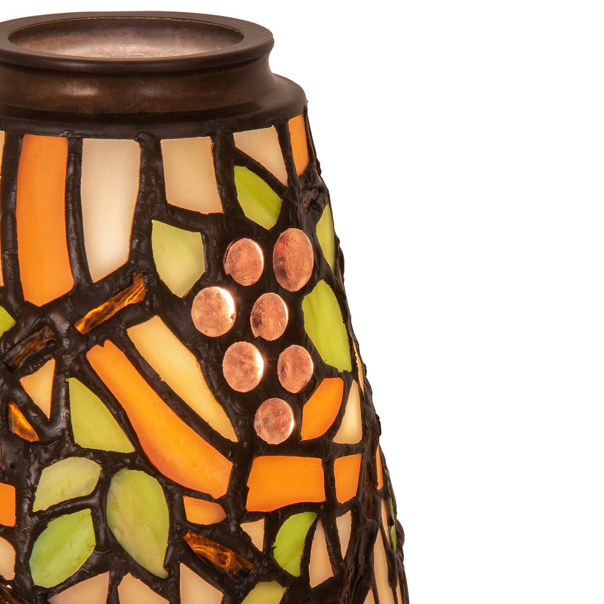 Close-up of orange and green grape design on the stained glass shade.