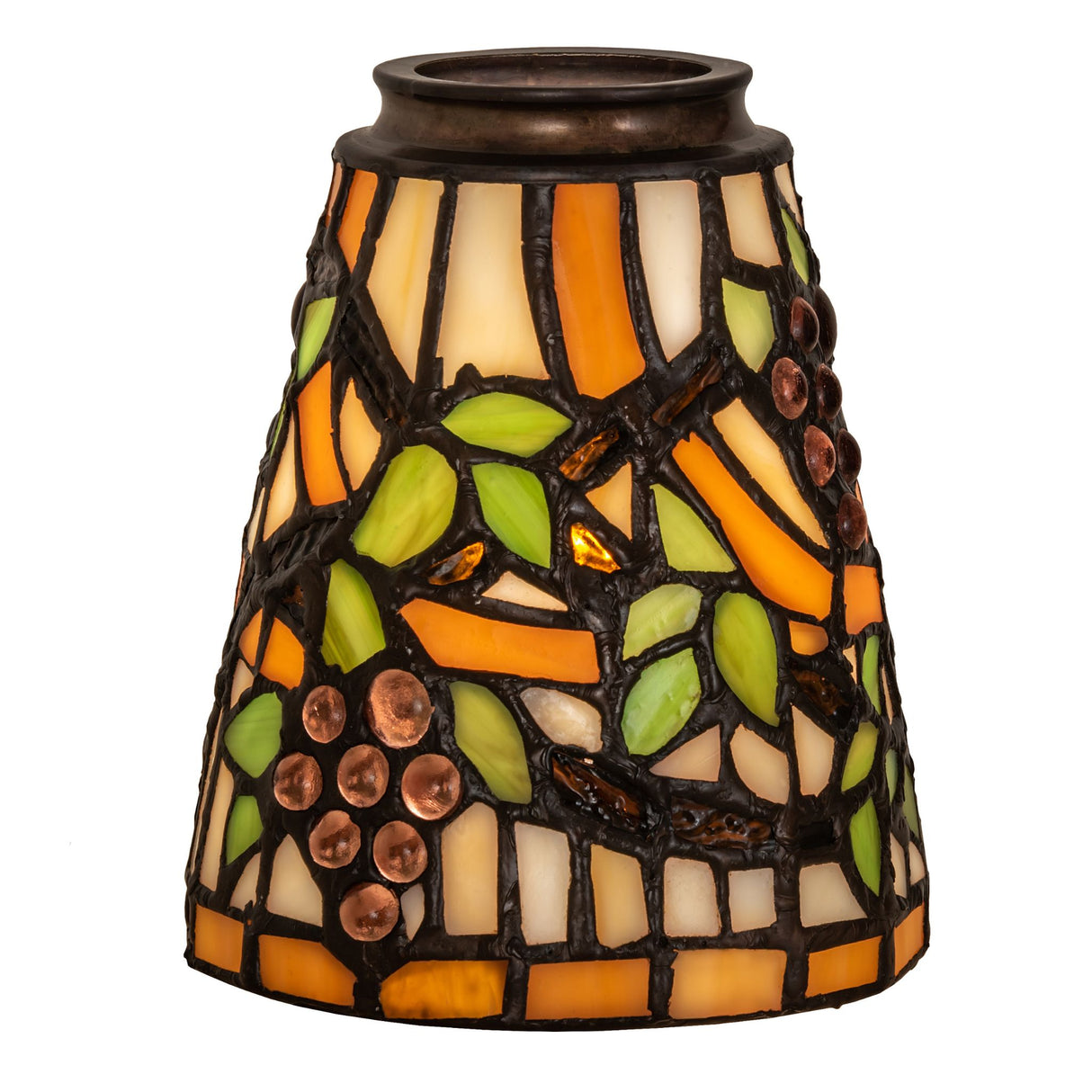 Stained glass light shade with vibrant orange grape and leaf pattern.