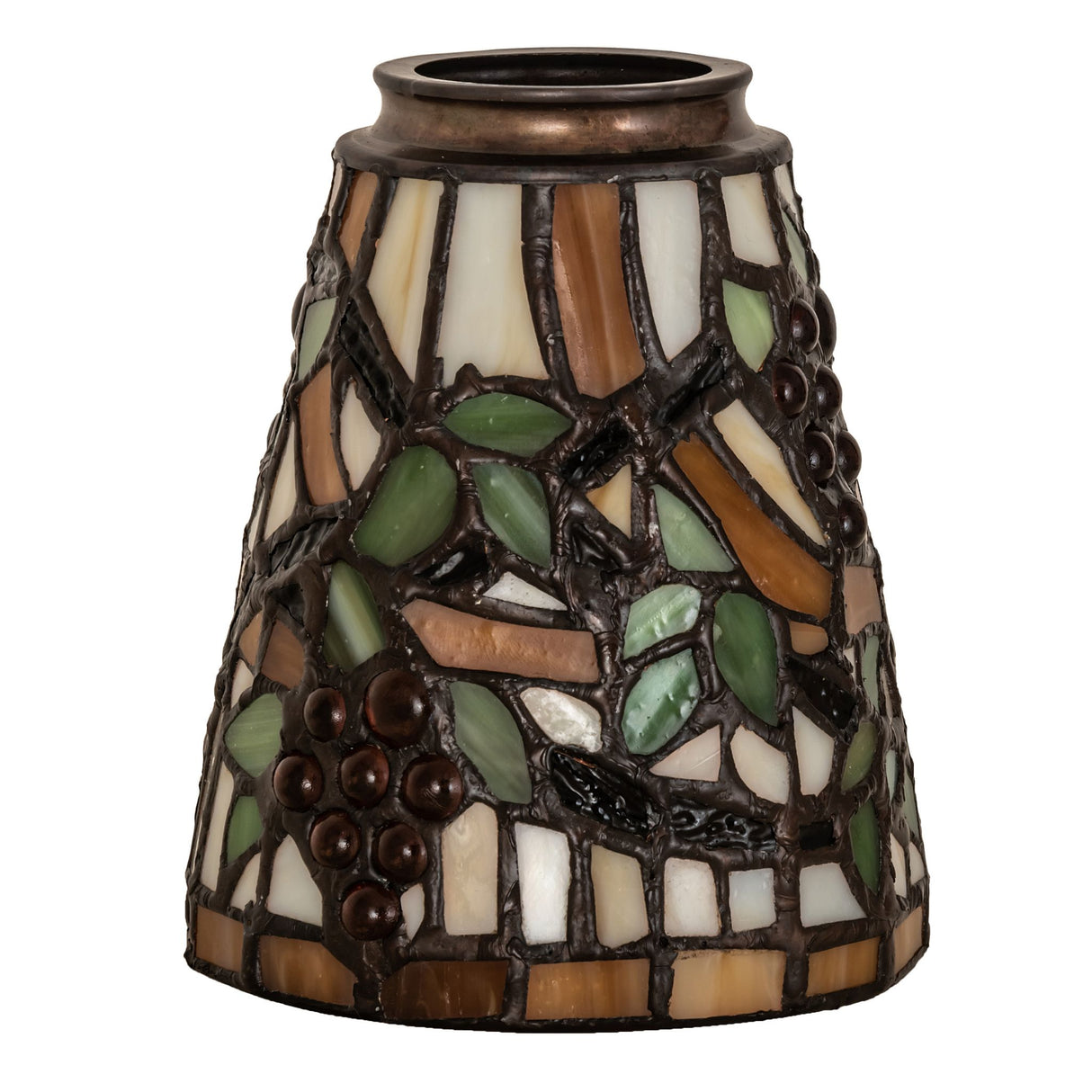 Earth-toned stained glass grape light shade with intricate details.