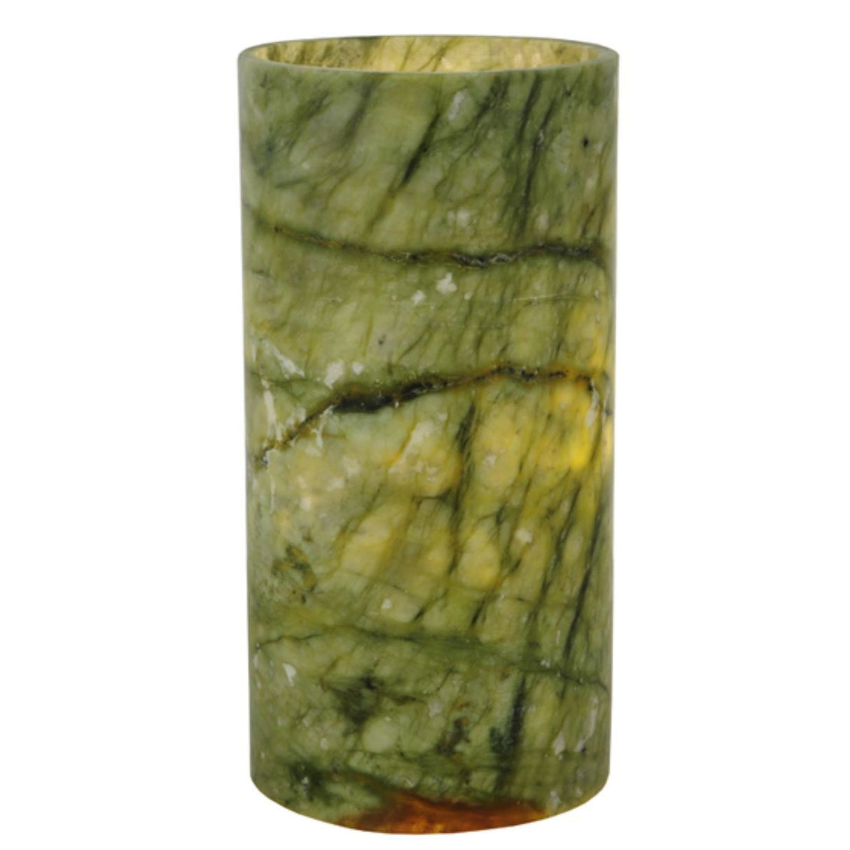 Cylindrical green jadestone shade with intricate natural patterns.