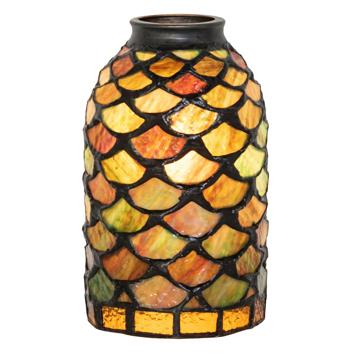 stained glass vase with a scalloped fish-scale pattern in vibrant amber, orange, yellow, and green hues