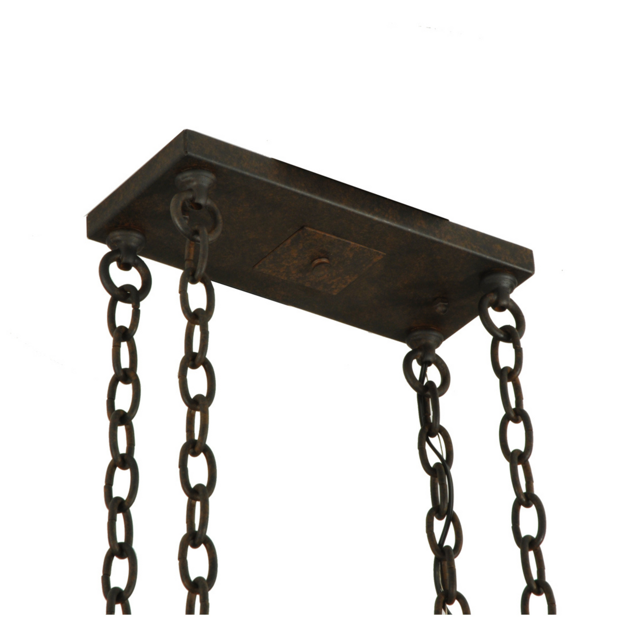 Close-up of ceiling canopy and hanging chain attachment.