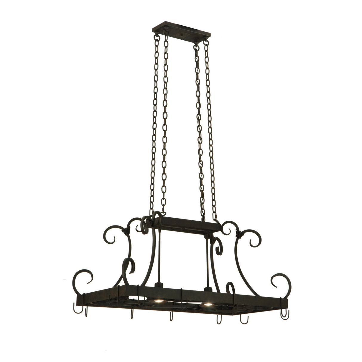 Full front view of Caiden 2 Light Pot Rack hanging with chains.