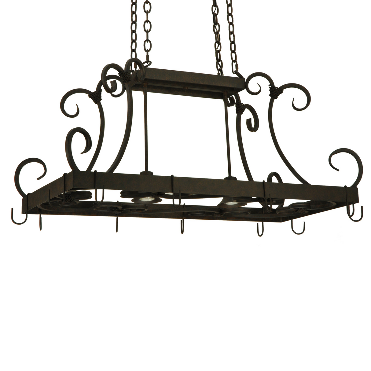 Angle view of Caiden pot rack lit, showing two downlights.