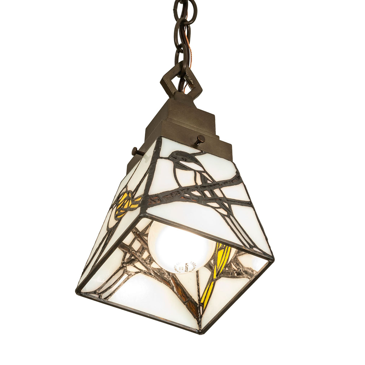 5" Square Backyard Friends Mini Pendant showing bulb detail and stained glass artwork.