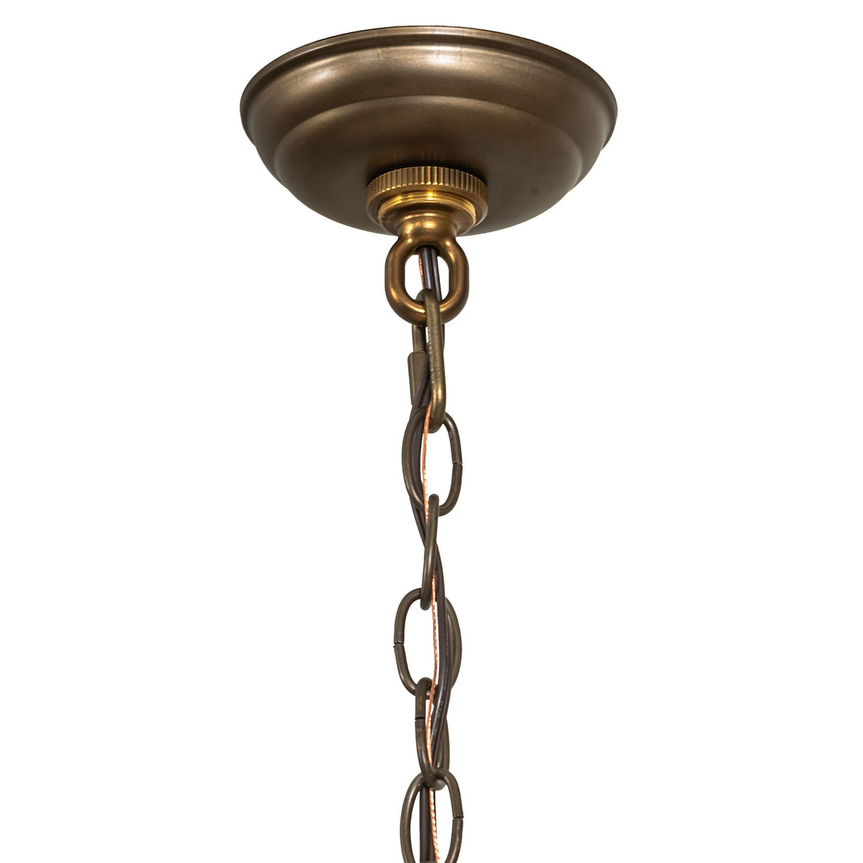 Chain detail of 5" Square Backyard Friends Mini Pendant with antique copper finish.