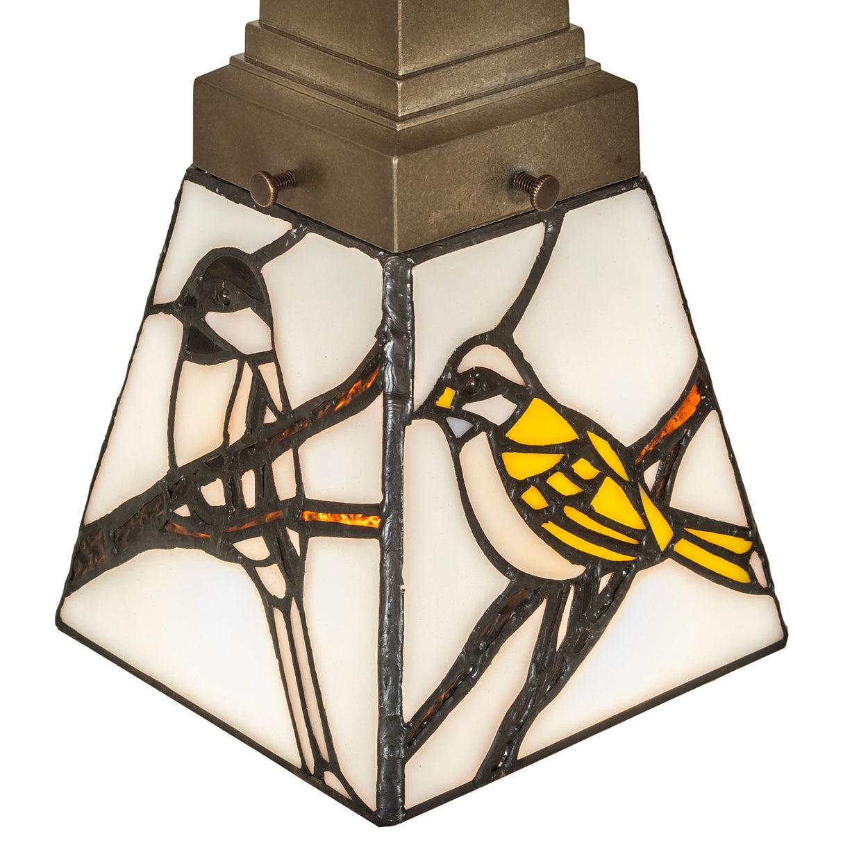 Close-up detail of stained glass and bird artwork on the pendant.