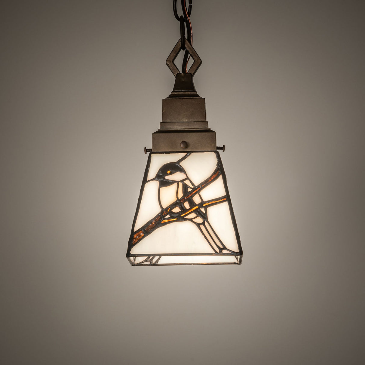 Illuminated view of 5" Square Backyard Friends Mini Pendant.