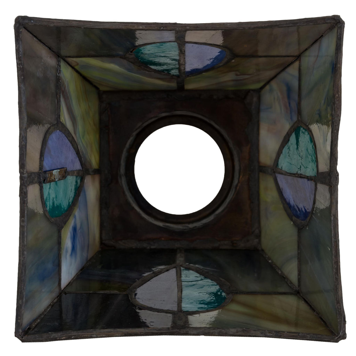 Inside view of Mackintosh Leaf shade showcasing detailed art glass.