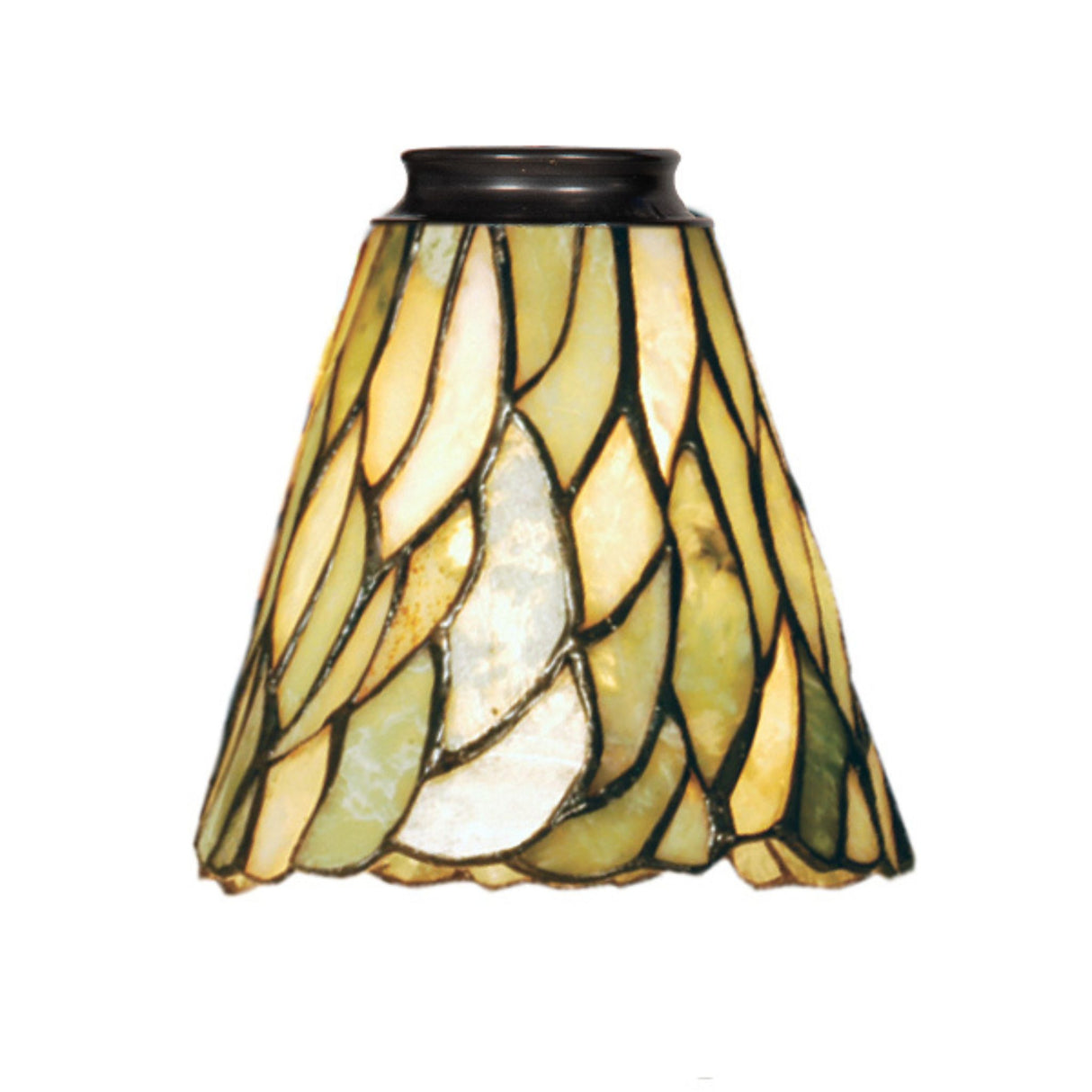 A stained glass lamp with a green shade and a moss green and ivory willow leaf pattern.