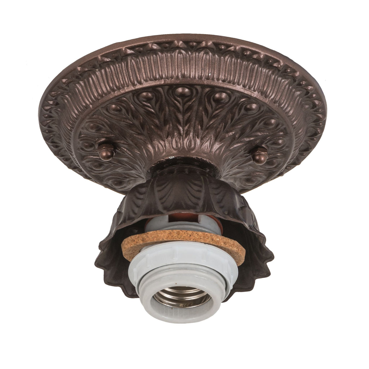 An ornate bronze ceiling medallion with a pendant lamp holder.