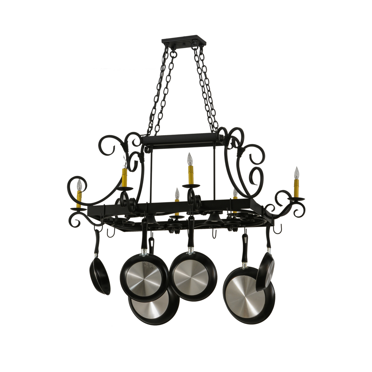Angled view of Caiden 6 Light Pot Rack showcasing scroll details.