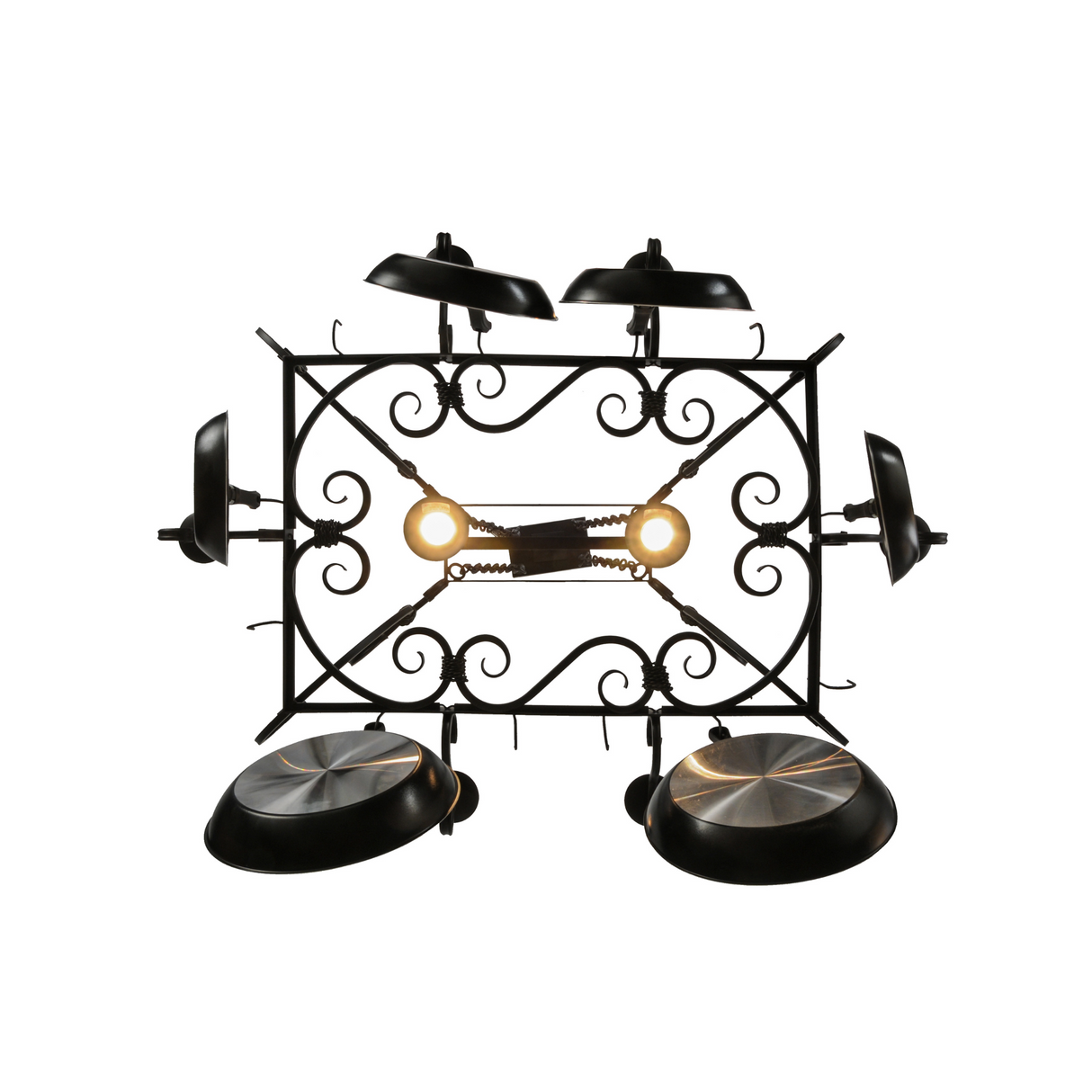 Bottom view of Caiden 6 Light Pot Rack with downlights glowing.
