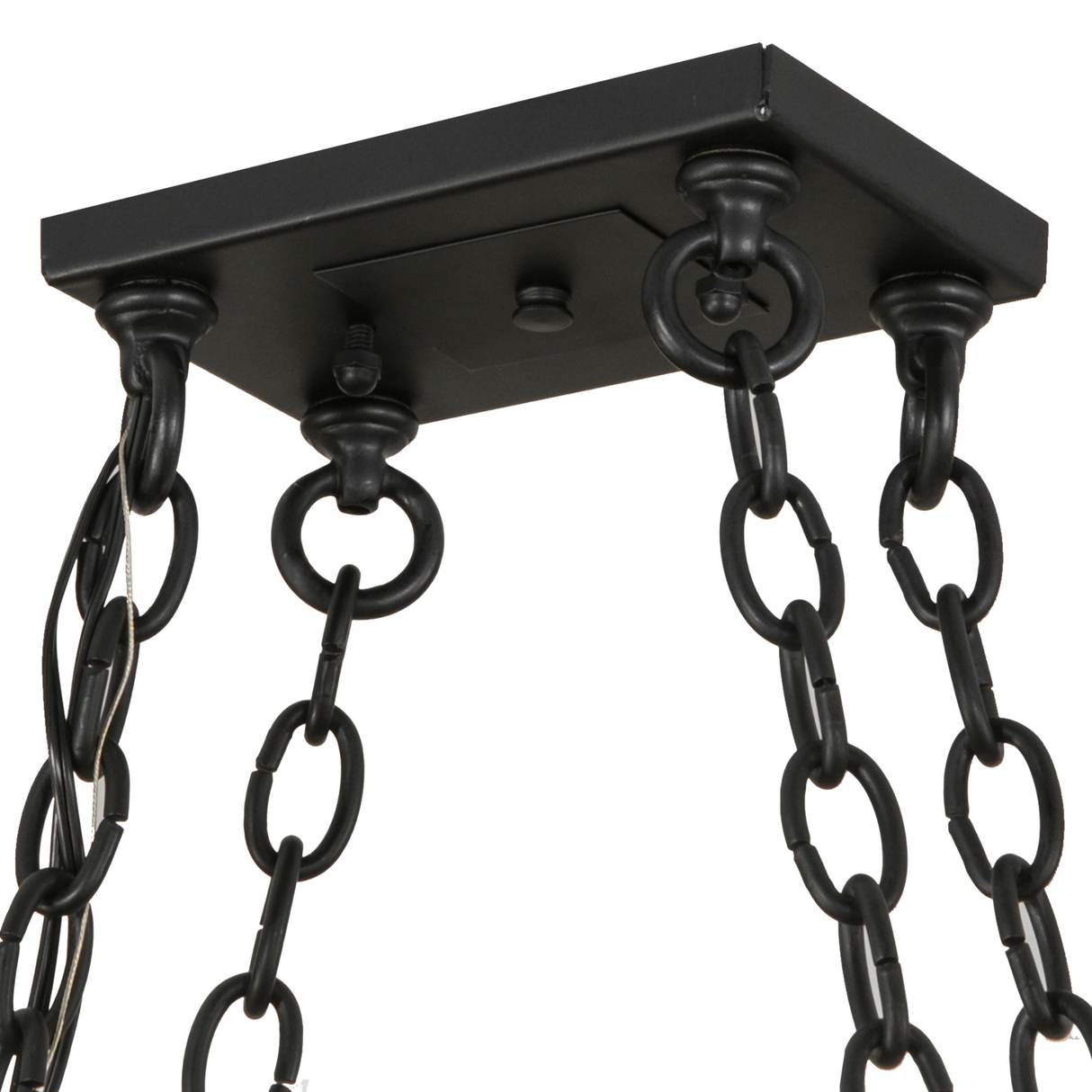 Close-up of ceiling mount and chains of Caiden pot rack.