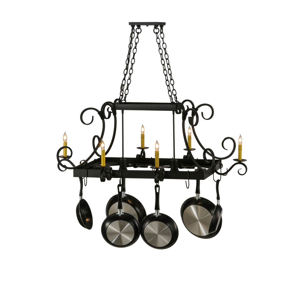 Straight-on view of Caiden pot rack with six candlelights.