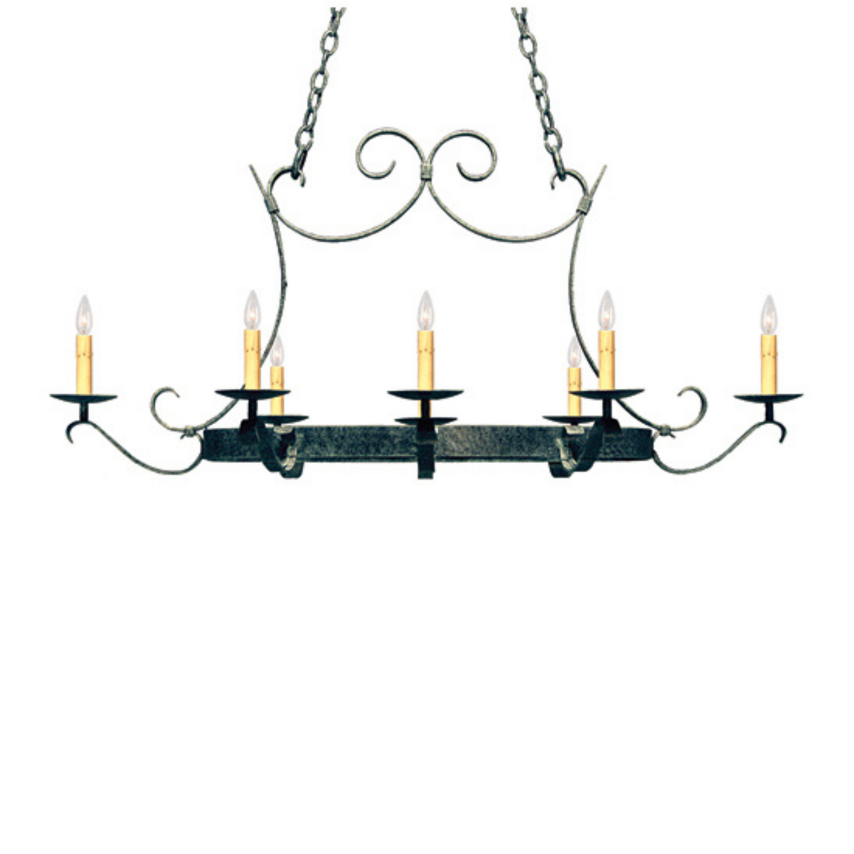 Handforged oval 8-light pot rack chandelier with scrolled iron frame.