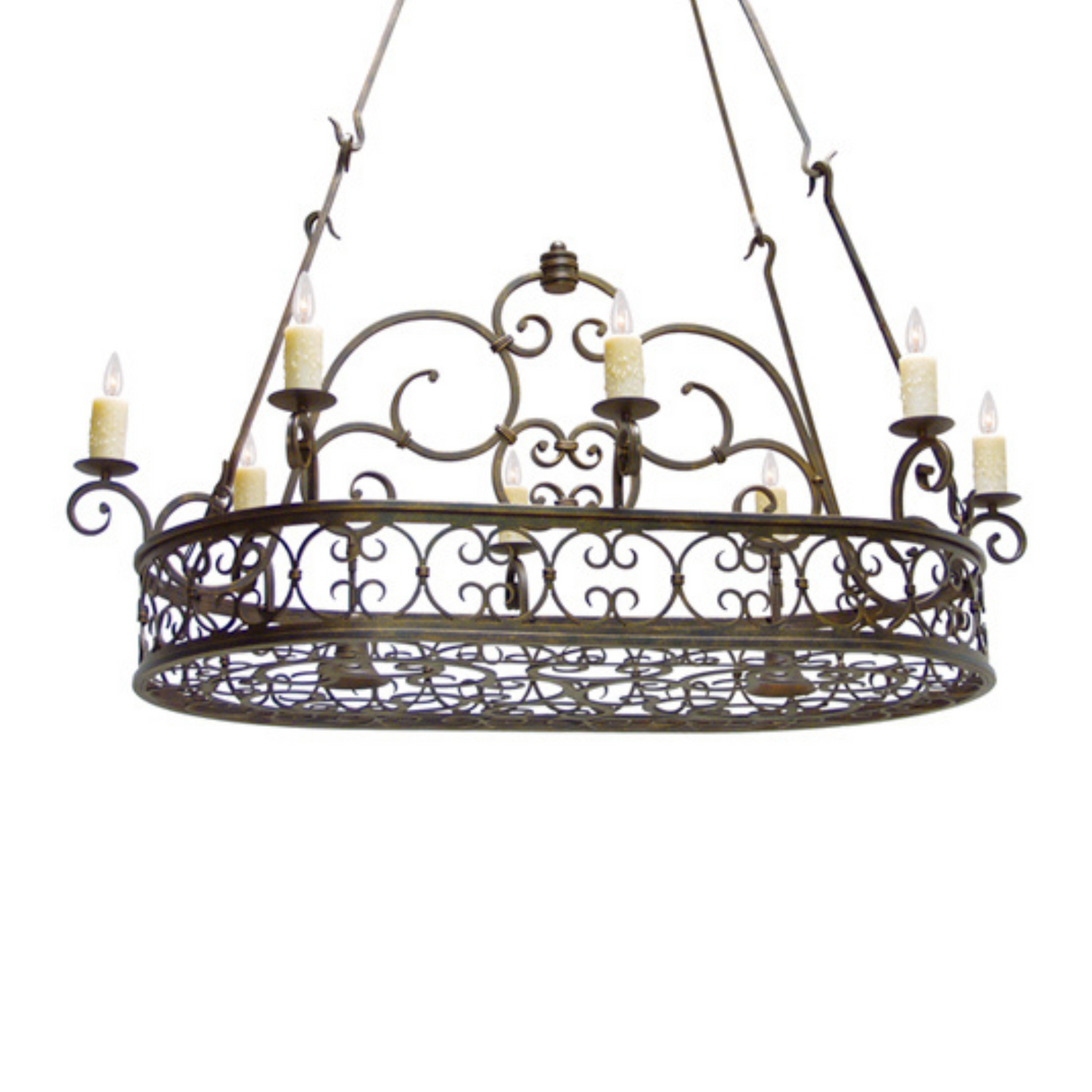 Cira 10-light oval pot rack chandelier with scroll accents and candlelights.
