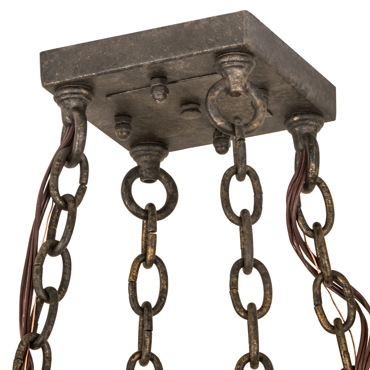 Ceiling mount and chain detail of Caiden pot rack chandelier.