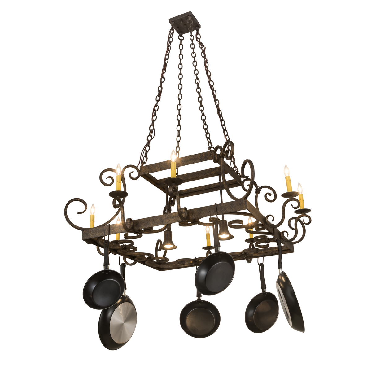 Low angle view highlighting scrollwork and warm candlelight bulbs.