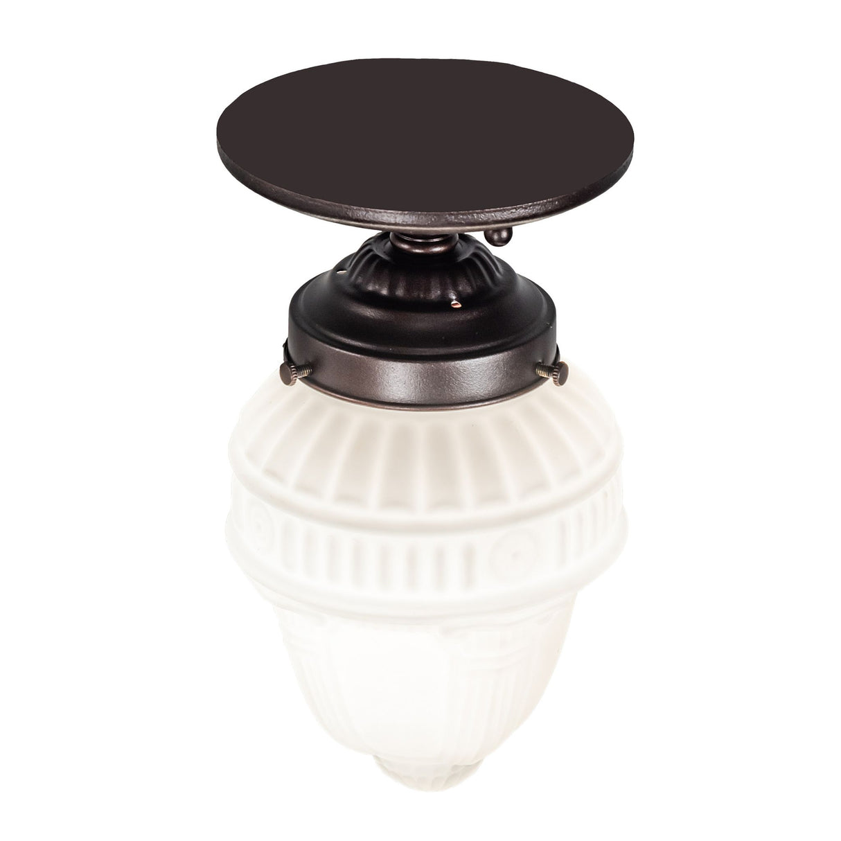 Close-up of dark metal base and glass detail on Colonnade fixture.