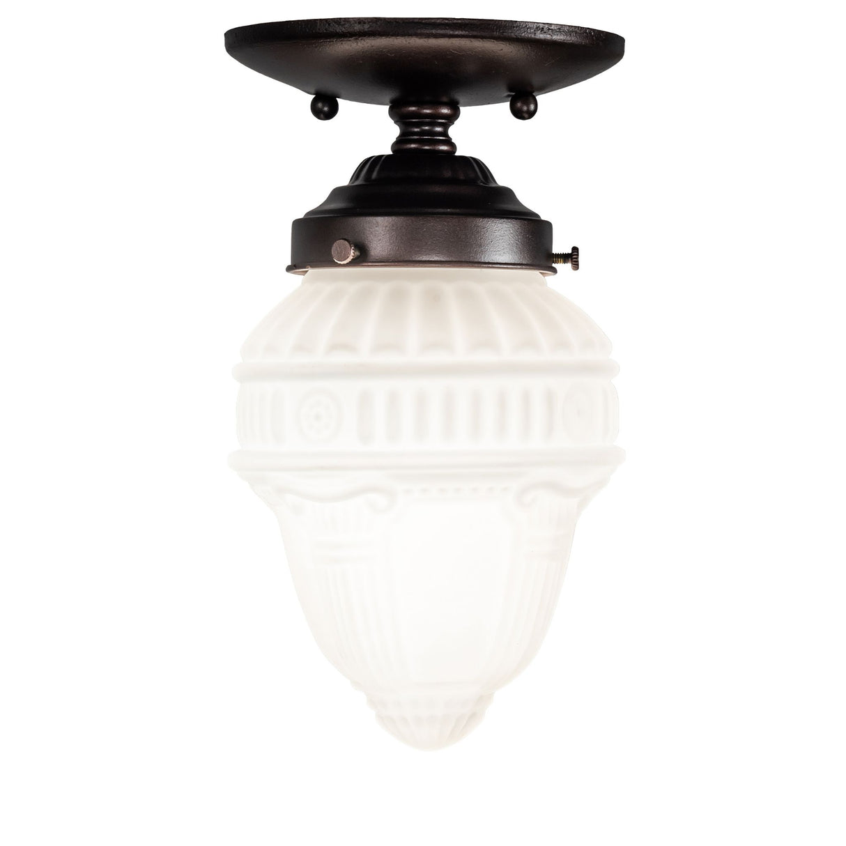 Side view of Colonnade flushmount showing dark metal base.