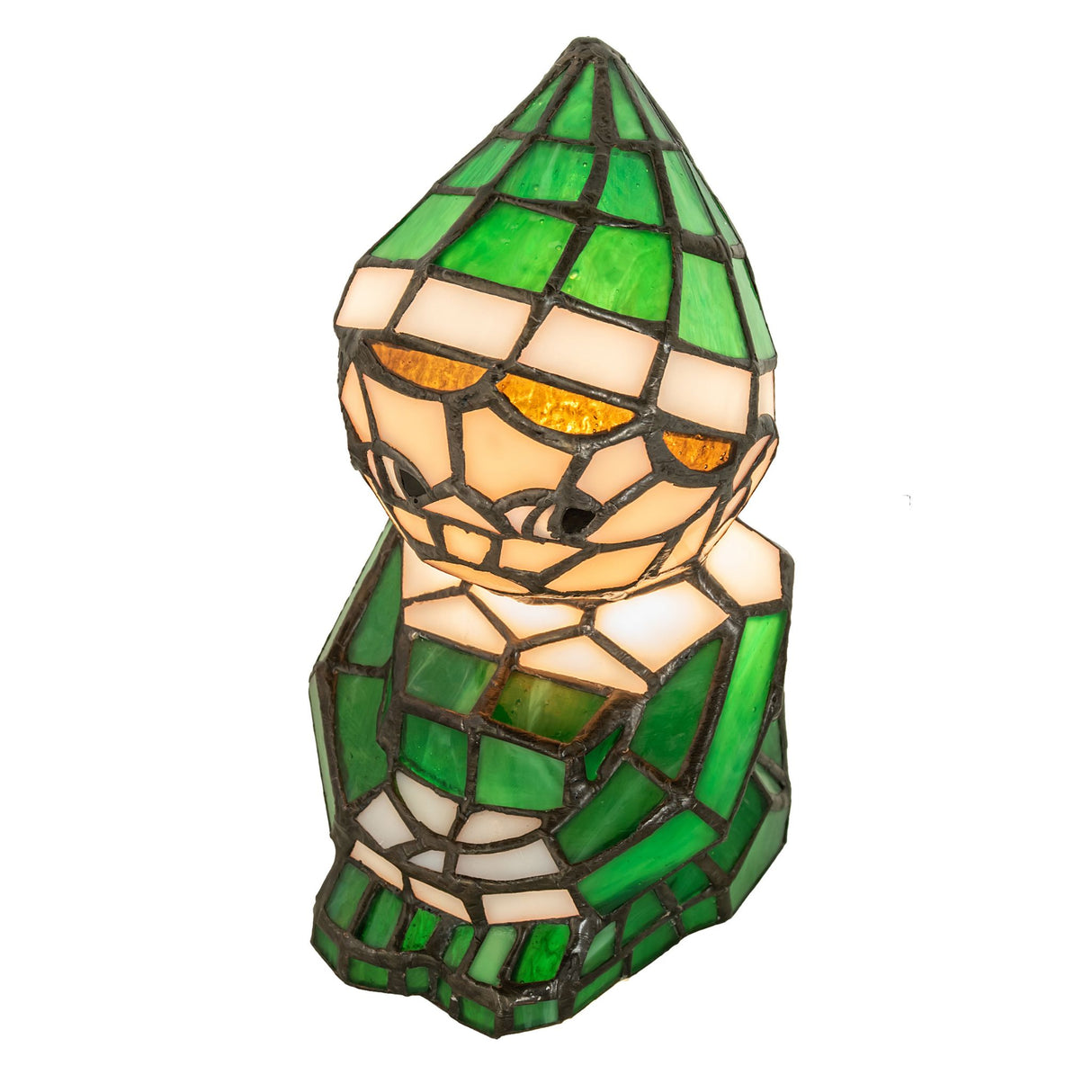 Angled view of elf accent lamp with green and white glass.