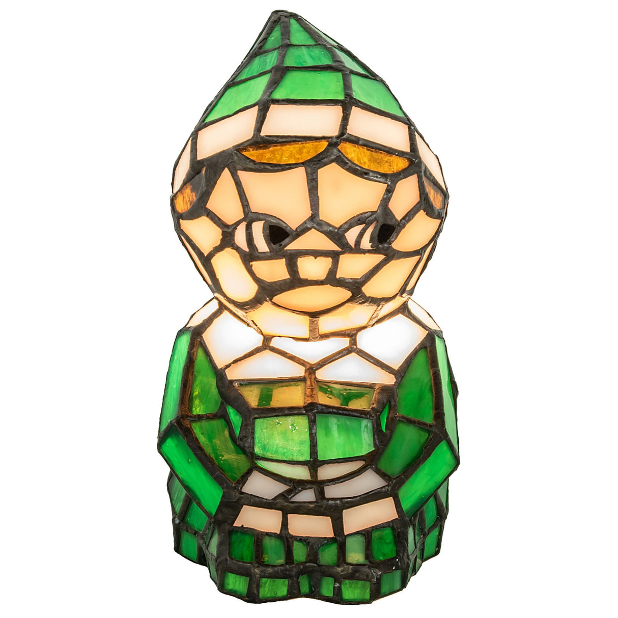 Elf lamp with vibrant green and white stained glass, full view.