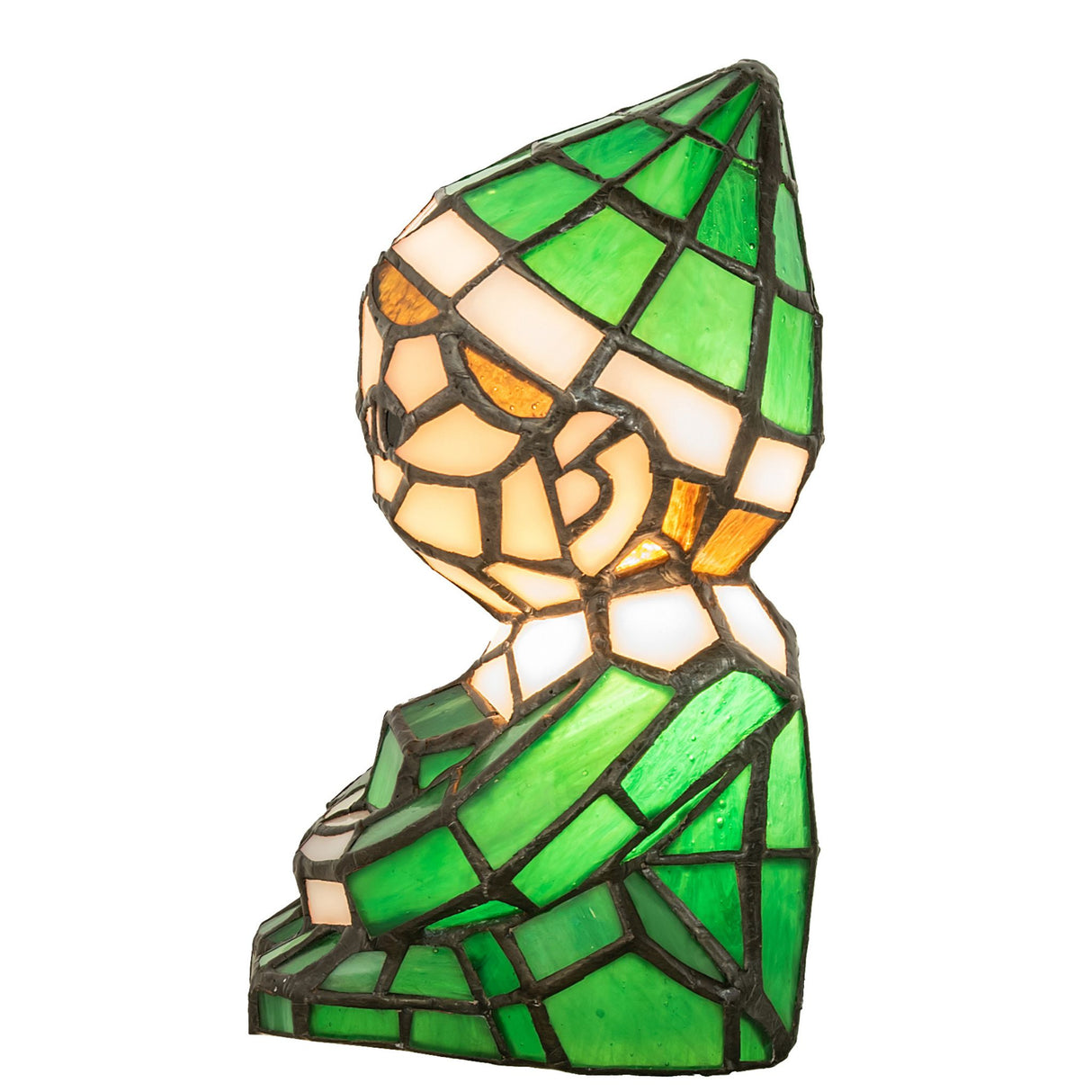 Side profile of elf accent lamp with vibrant green glass.