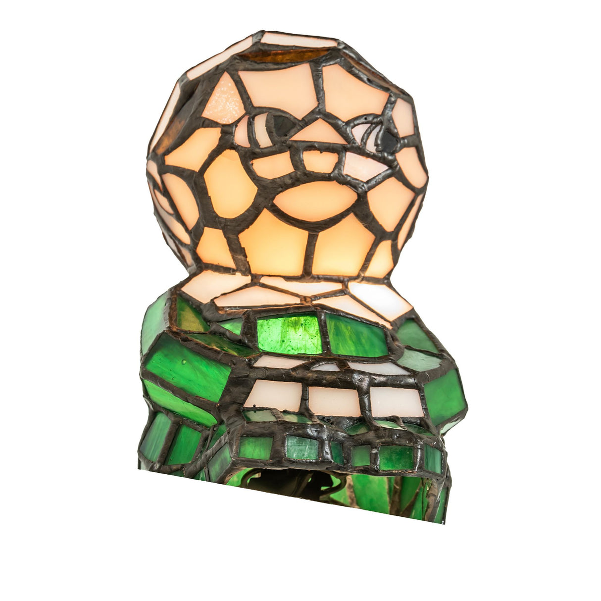 Elf accent lamp side view with green and white stained glass design.