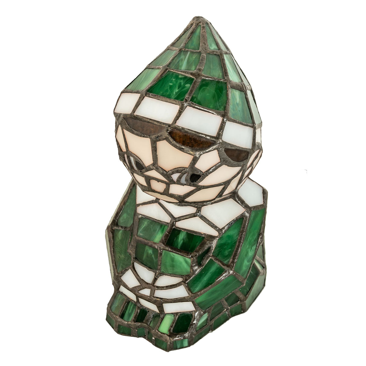 Green and white stained glass elf accent lamp with a pointed hat, featuring intricate details and a warm glow.