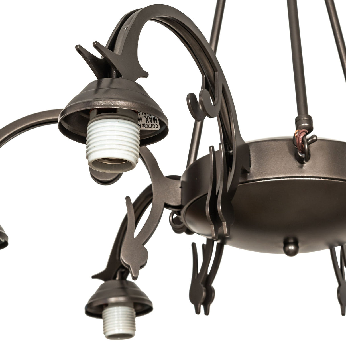 Close-up view of the 6-light chandelier hardware showing intricate details.