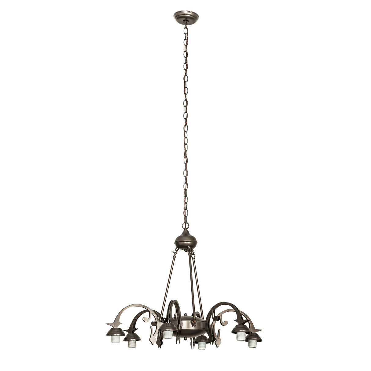 Hanging view of the 6-light chandelier hardware with adjustable chain.