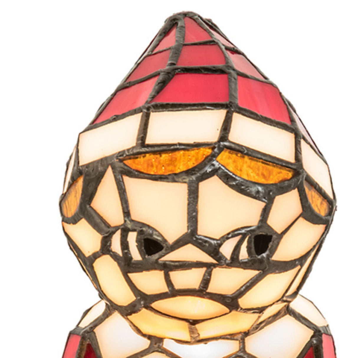 Close-up of the 6.5-inch elf accent lamp, emphasizing its detailed stained-glass face with orange and white highlights.