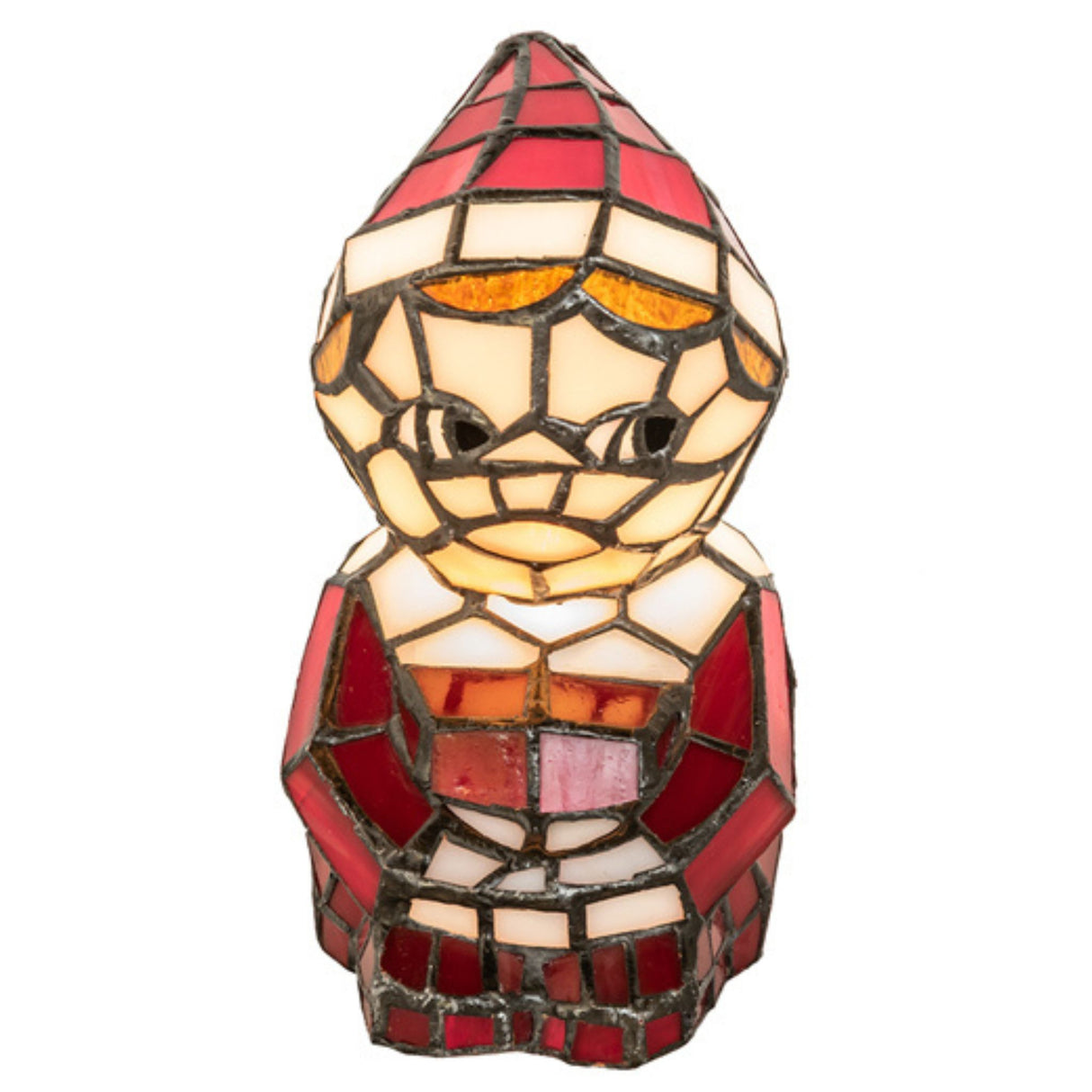 Front view of the 6.5-inch elf accent lamp with red and white stained-glass holding a present.