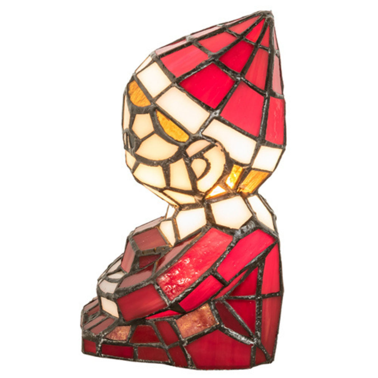 Side profile of a 6.5-inch high elf accent lamp with a red, white, and yellow stained-glass design.