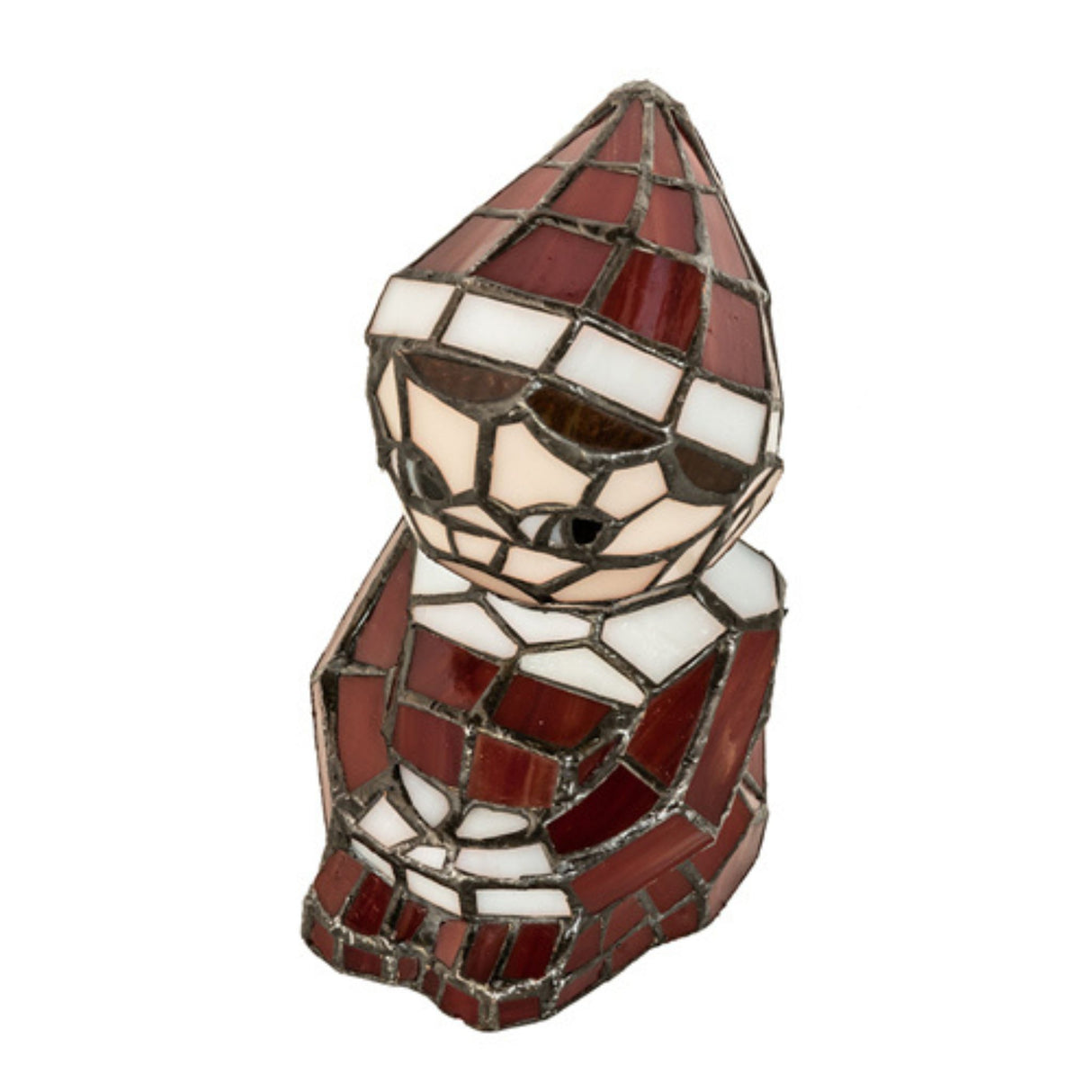 Side view of the 6.5-inch elf accent lamp showcasing intricate red and white stained-glass details.