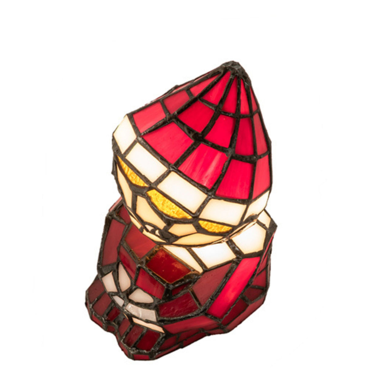 Top-down angle of the 6.5-inch elf lamp, highlighting the pointed red stained-glass hat.