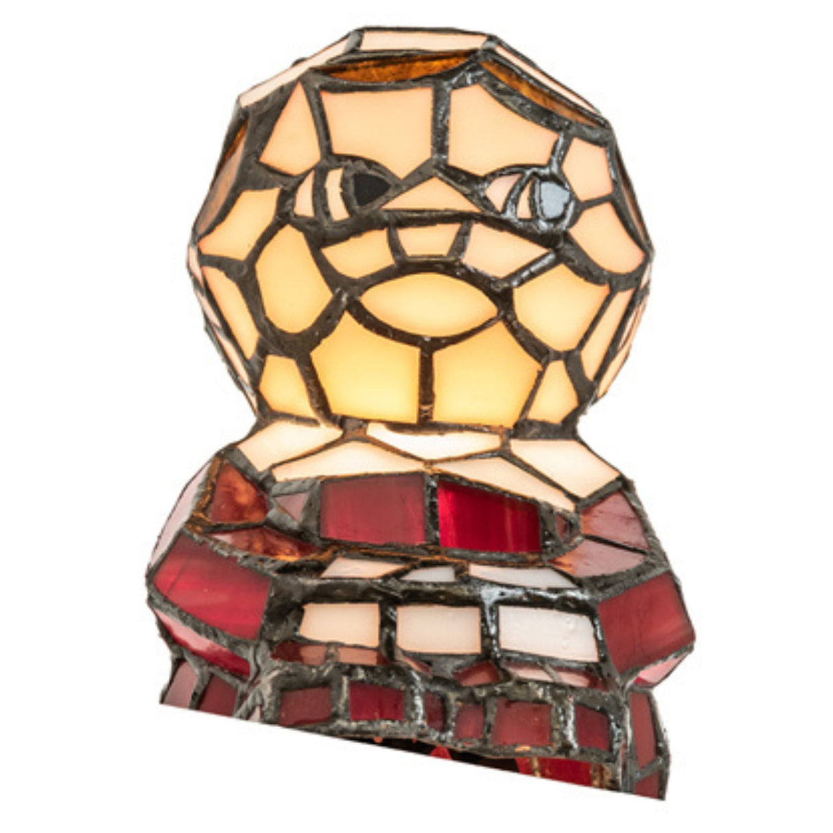 Upward view of the 6.5-inch elf lamp showcasing its white and red stained-glass body and detailed facial design.