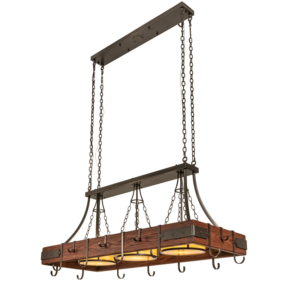 Rustic Steamboat 3 Light Pot Rack chandelier shown from side view.