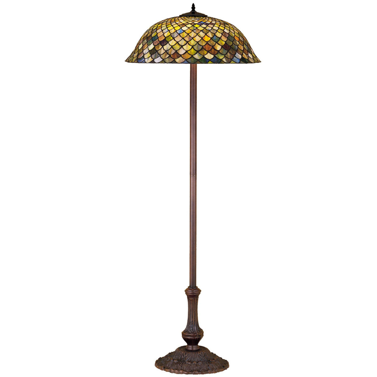 Close-up of 63"H Tiffany Fishscale floor lamp's multicolor glass shade.