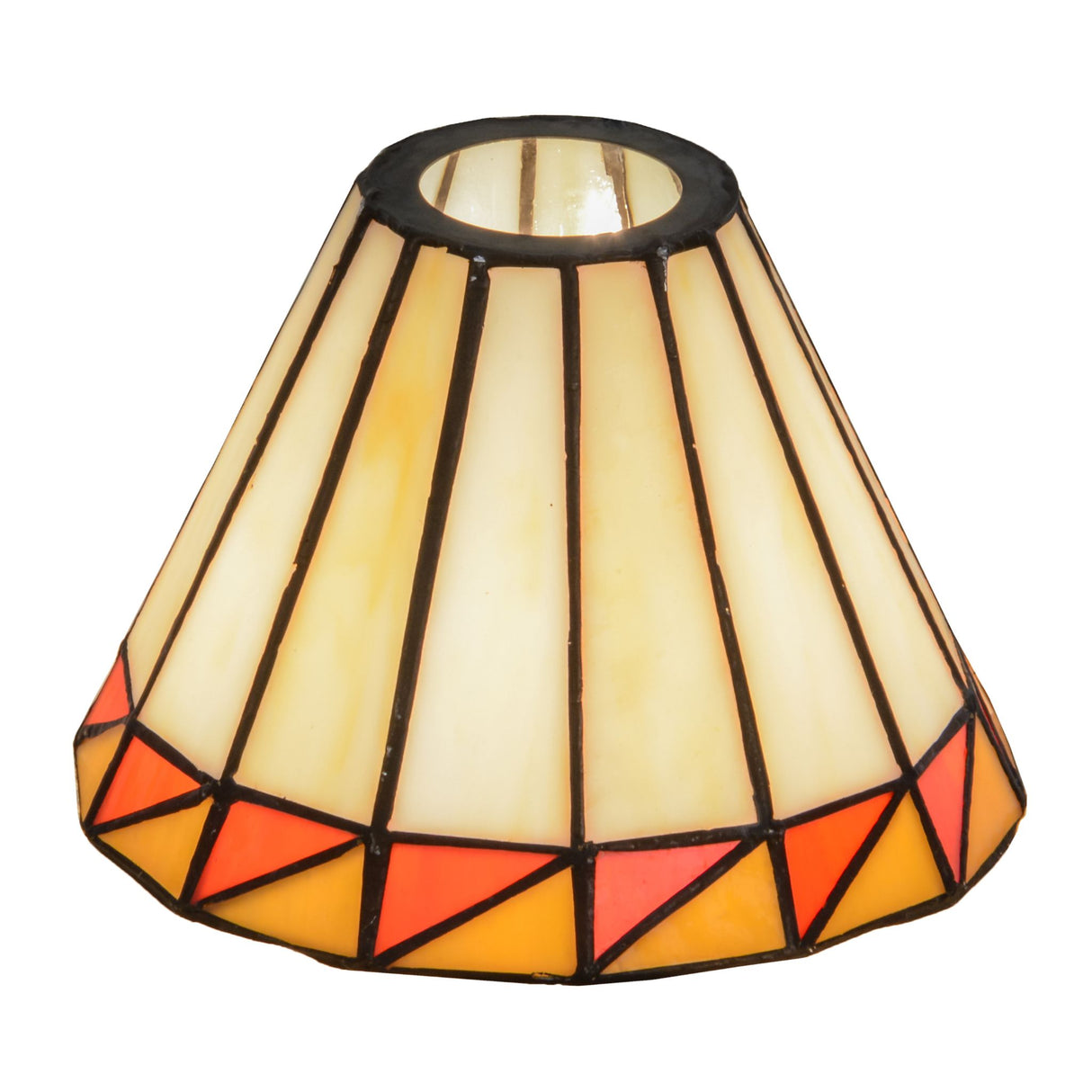 Lit Prairie Mission glass shade showing warm tones.