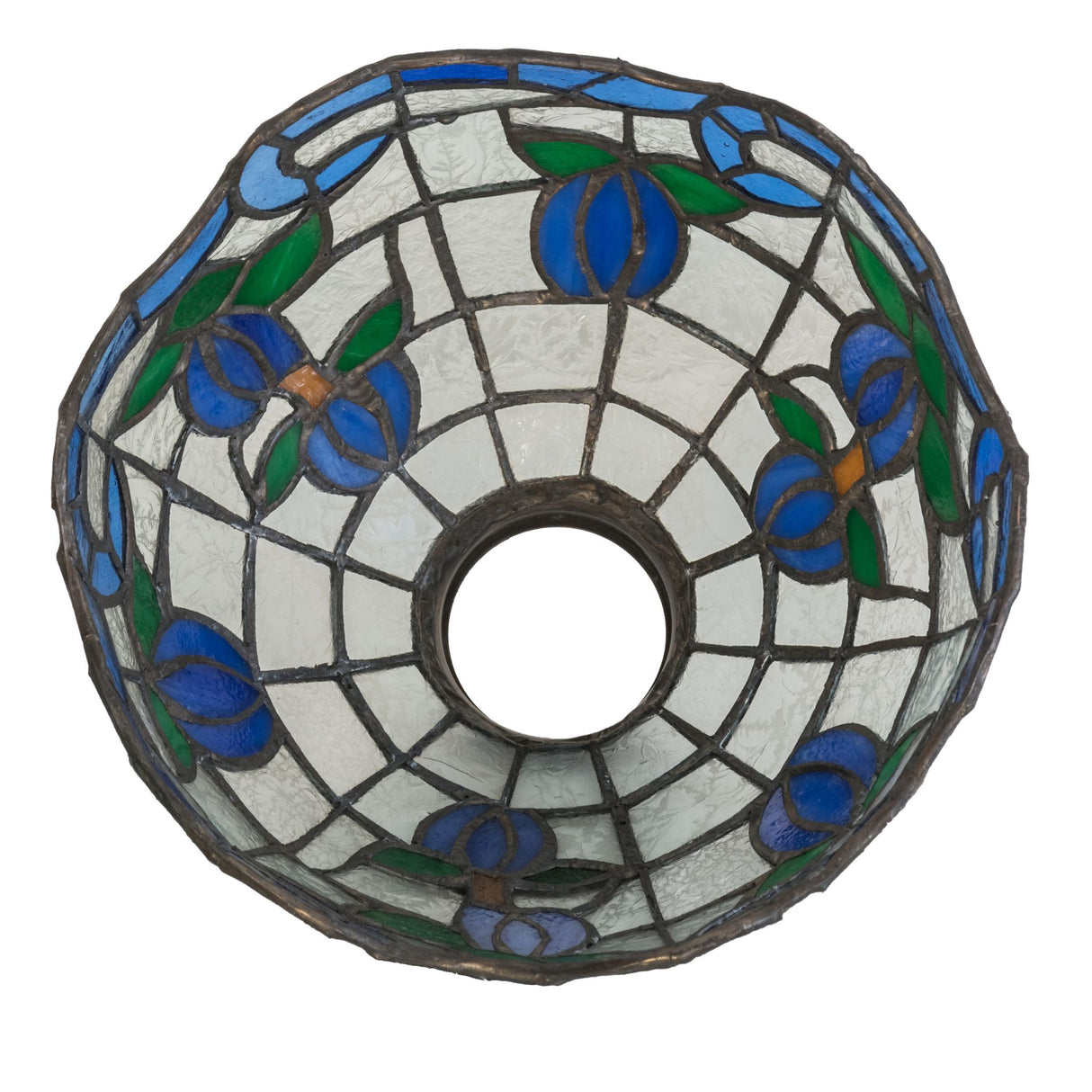 Top view of a stained glass roseborder lamp shade with blue floral patterns.