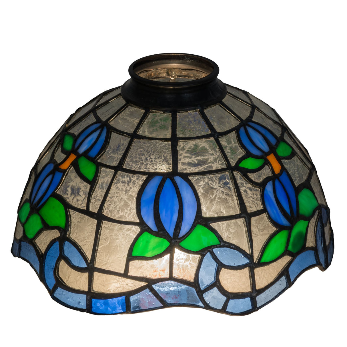 Illuminated stained glass roseborder lamp shade with vibrant blue and green accents.