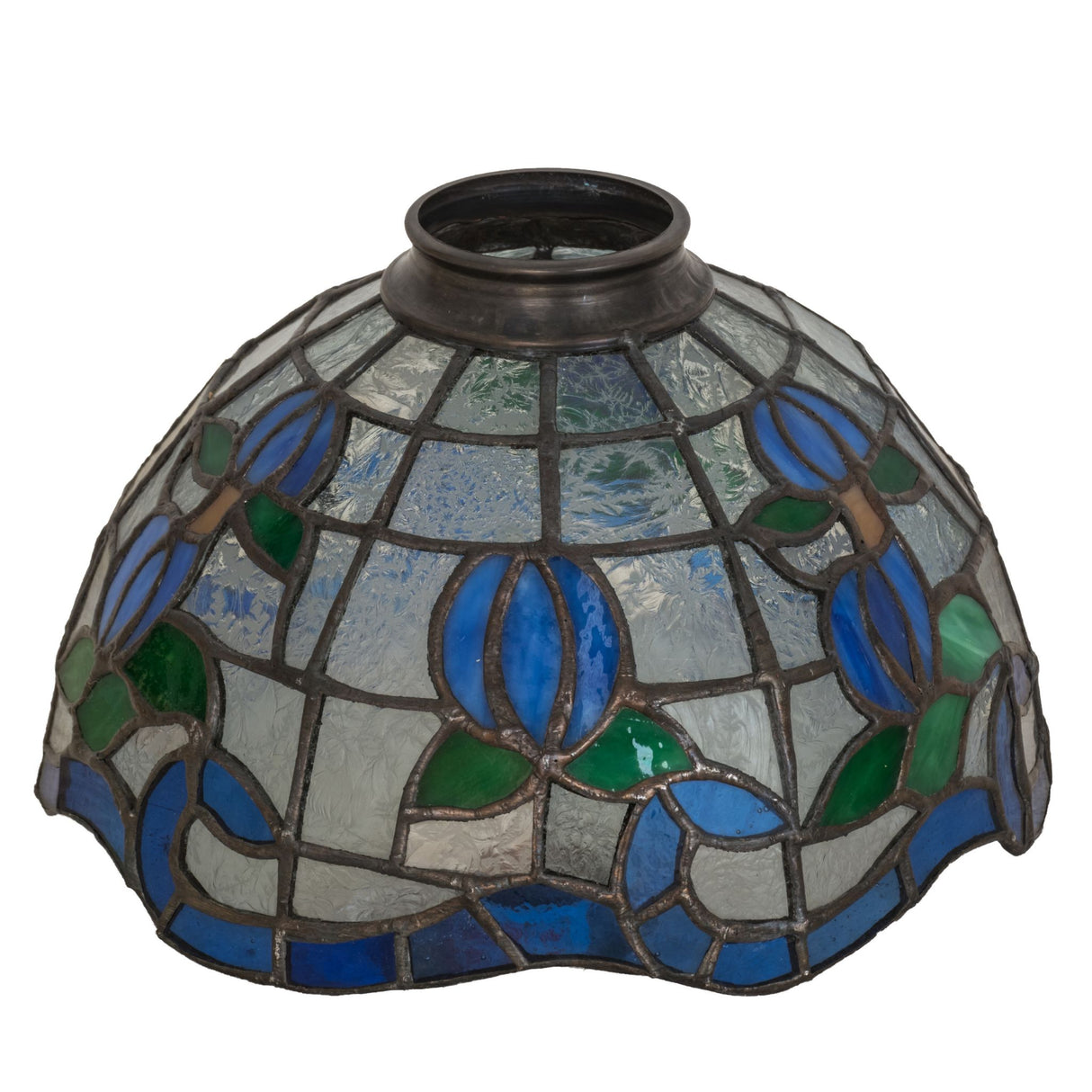 Side view of a stained glass roseborder lamp shade showcasing intricate details.