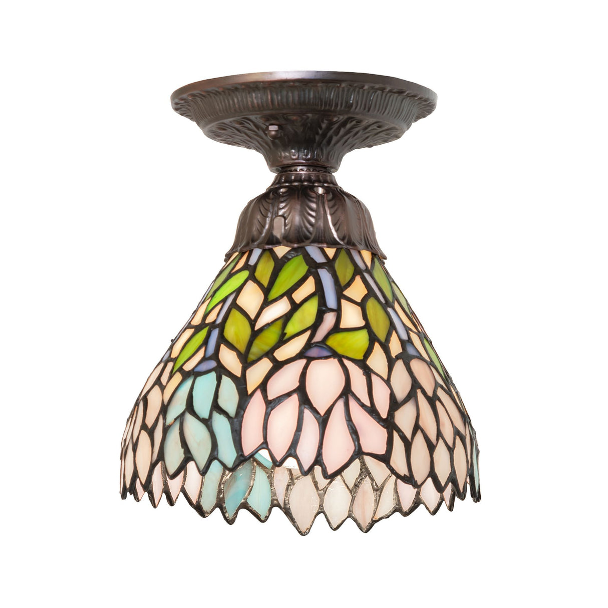 Front view of 7" Wisteria Flushmount with stained glass design.