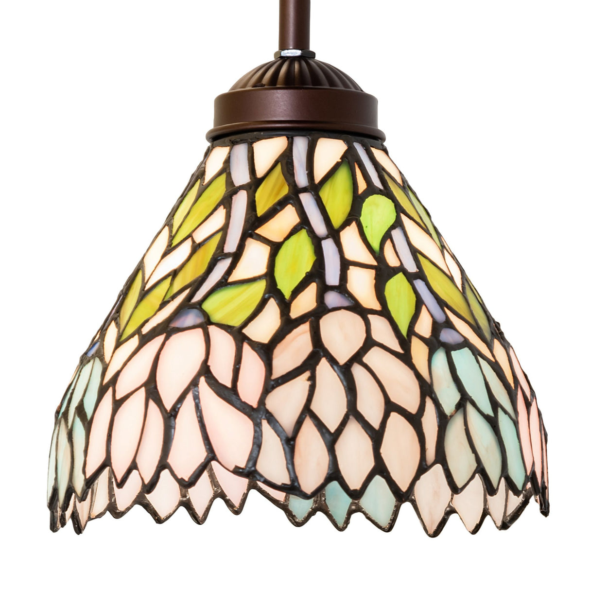 A 7" wisteria stained glass mini pendant enhances the room's ambiance.
