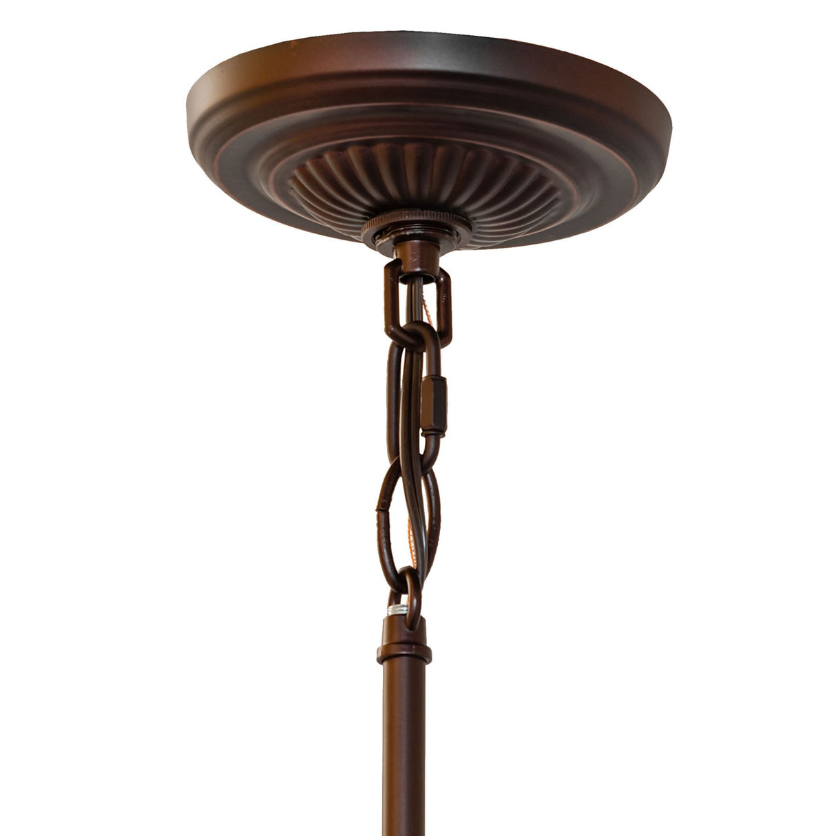Closeup of wisteria mini pendant ceiling mount with decorative chain.